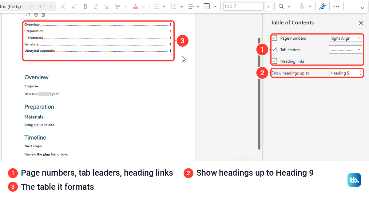 Word for the web Table of Contents pane with page number, tab leader and heading options.