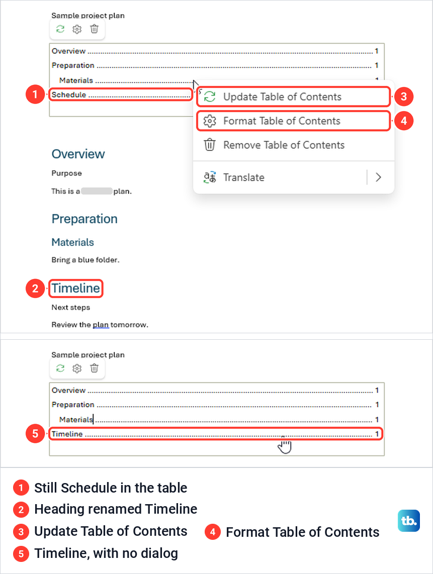 Word for the web right-click menu on a table of contents with Update Table of Contents.