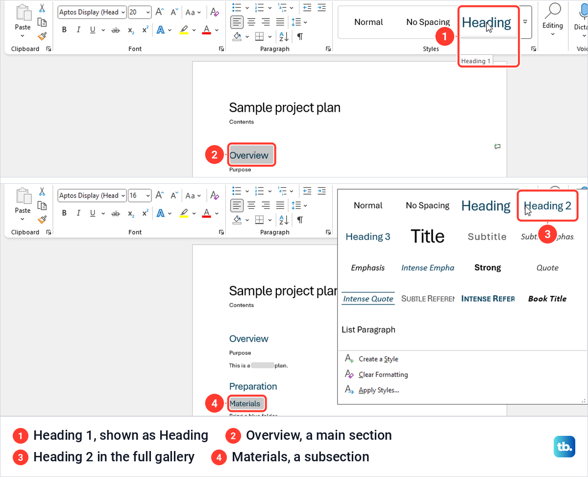 Word Styles gallery with the Heading 1 tooltip, then the full gallery with Heading 2 selected.
