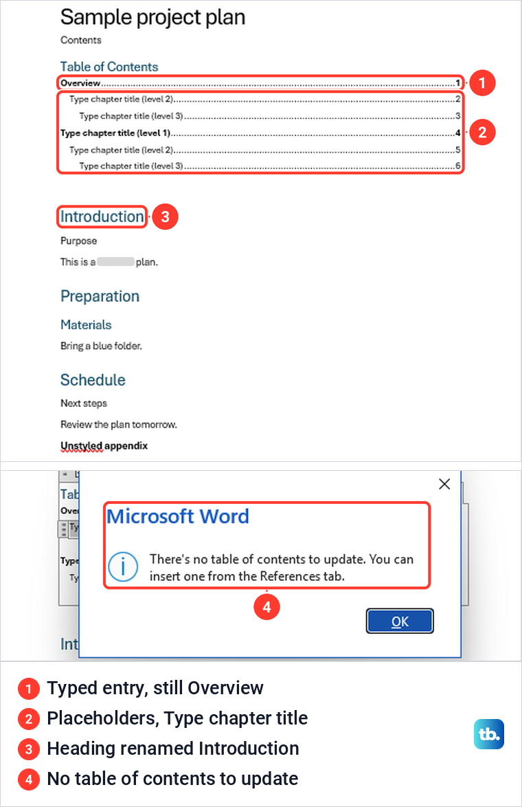 Word Manual Table with a typed entry and placeholders, and the no table to update message.
