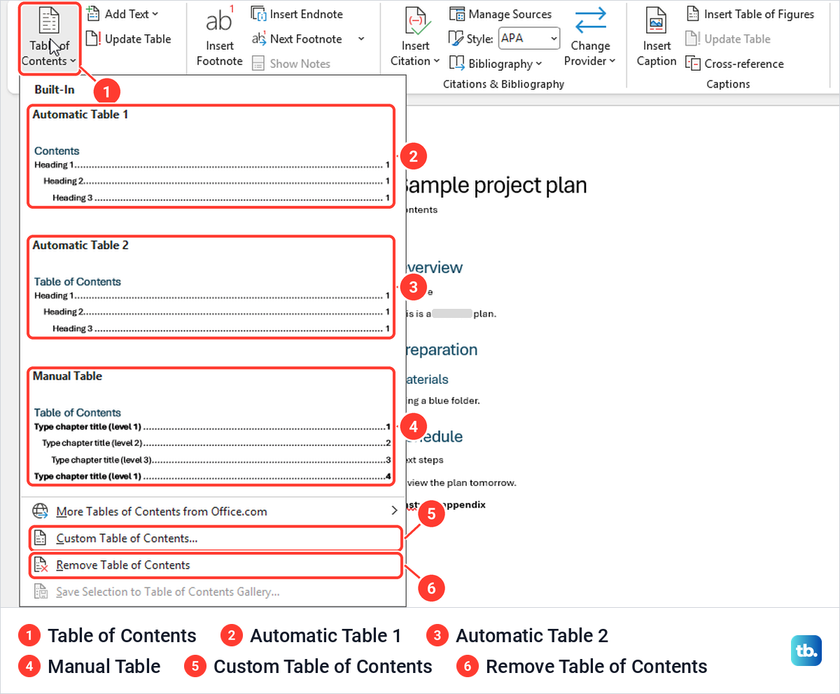 Word References tab with the Table of Contents gallery open showing automatic and manual styles.