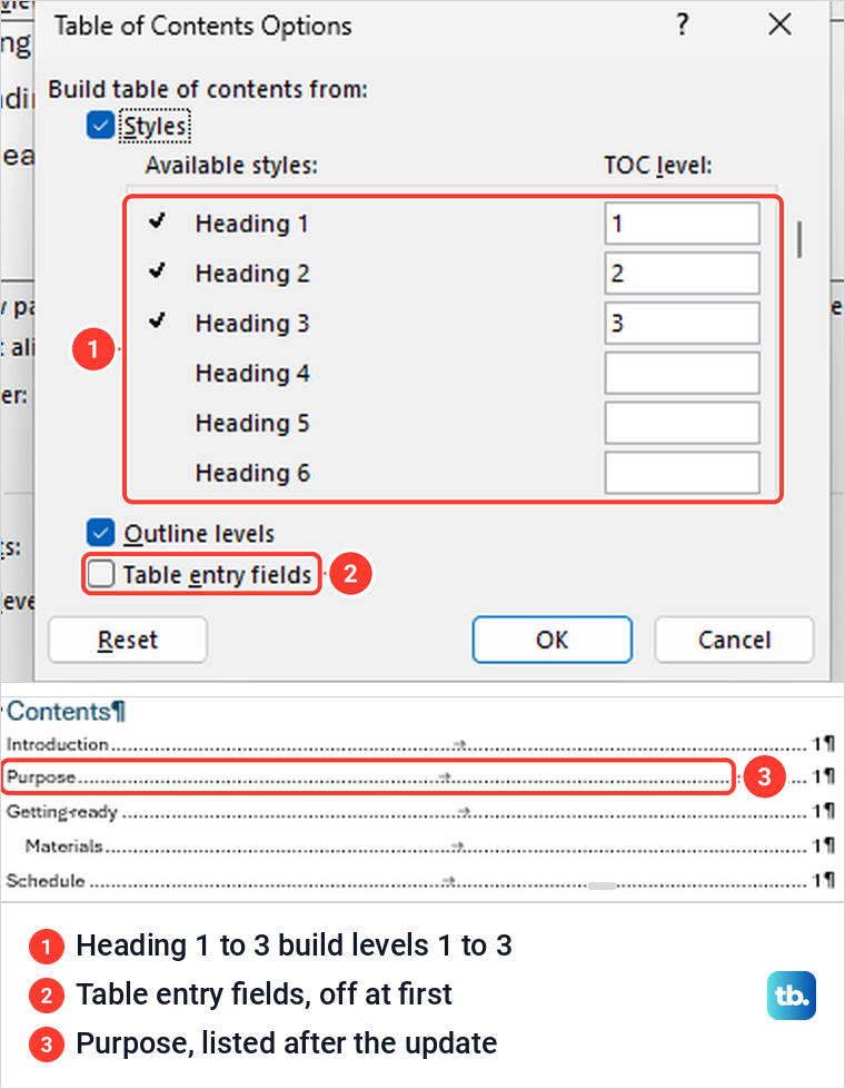 Word Table of Contents Options with Table entry fields unticked, then Purpose in the table.