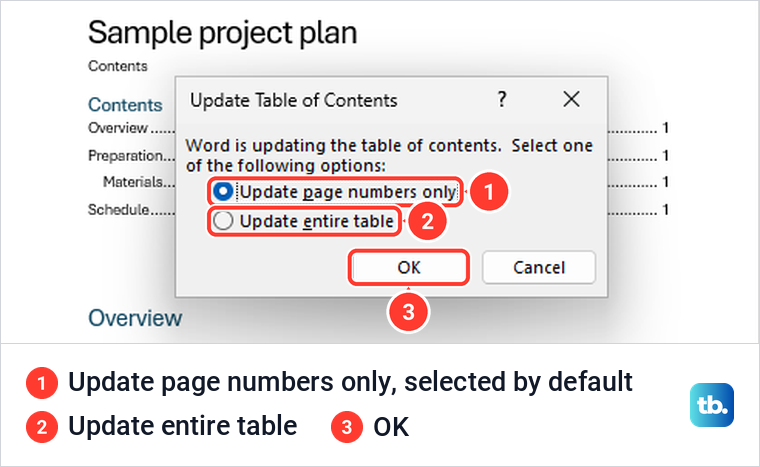 Word Update Table of Contents dialog with Update page numbers only selected by default.