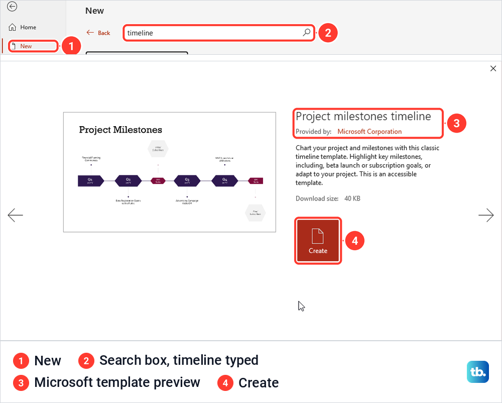 PowerPoint File New page with timeline typed in the search box and a Microsoft timeline template preview.