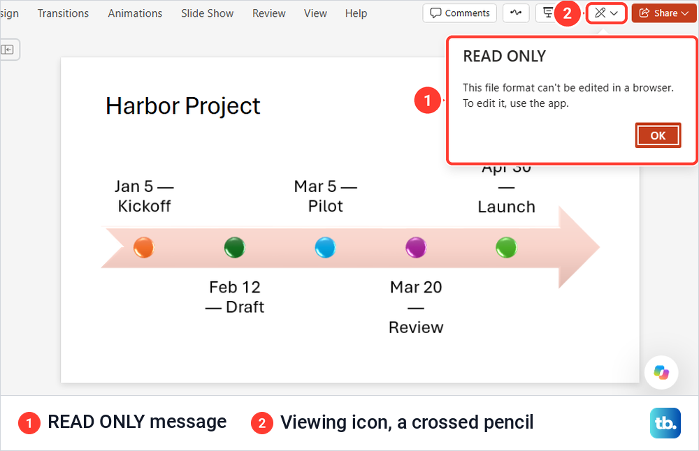 PowerPoint for the web READ ONLY message saying the template file format cannot be edited in a browser.