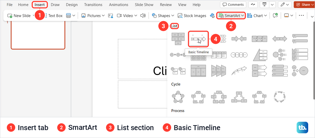 PowerPoint for the web Insert tab with the SmartArt gallery open and Basic Timeline in the List section.