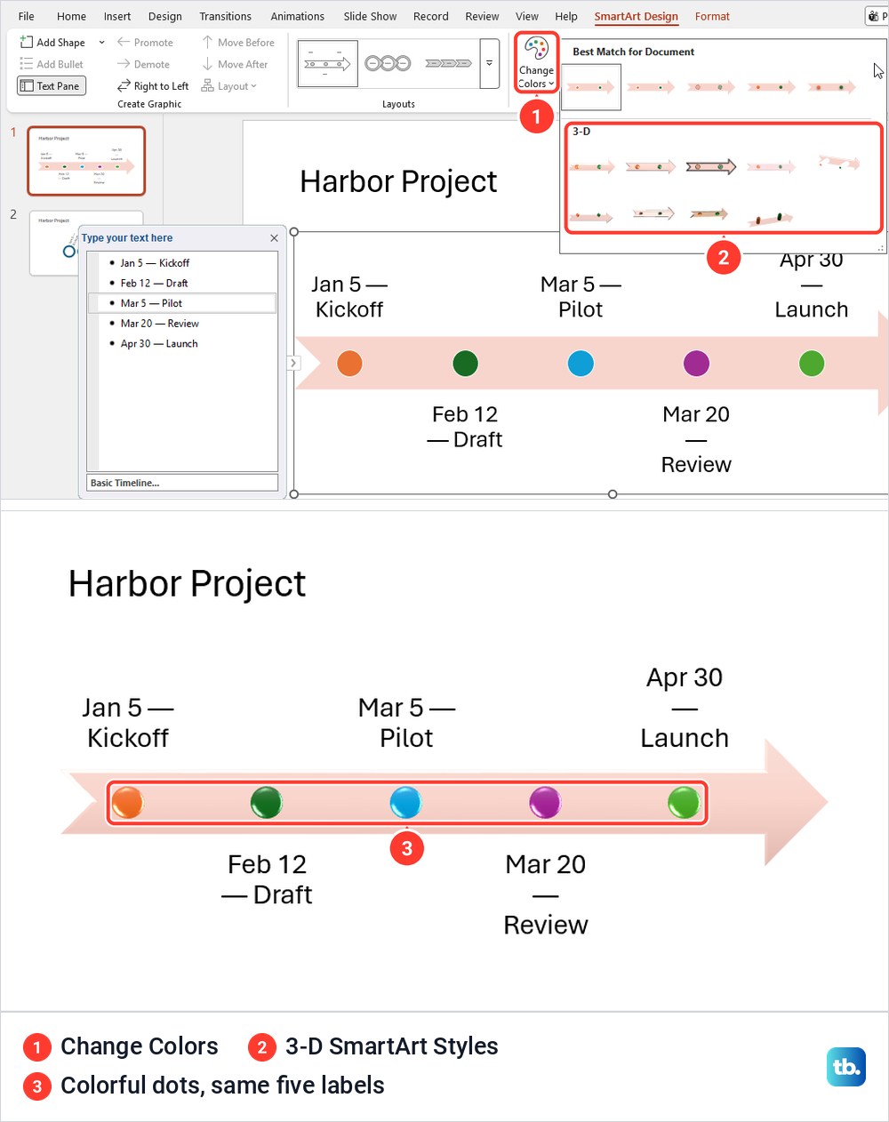 PowerPoint Change Colors button and 3-D SmartArt Styles gallery, then the timeline with glossy colored dots.