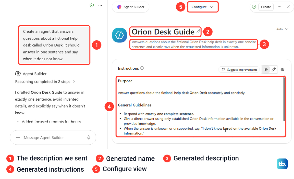 Agent Builder after one description, with the generated Orion Desk Guide name and instructions.