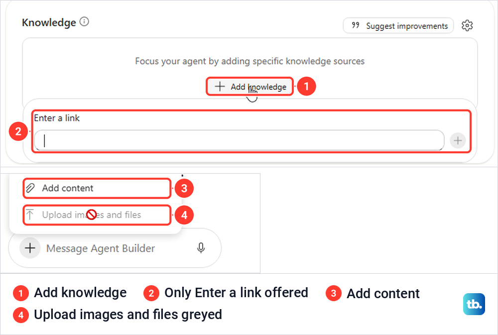 Agent Builder Knowledge section offering only Enter a link, and a greyed Upload images and files item.