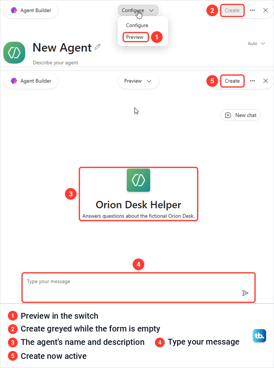 Agent Builder Configure menu with Preview, then the Orion Desk Helper preview with a message box.
