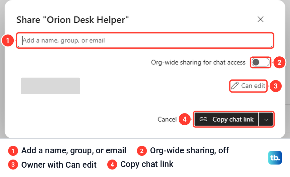Share dialog for Orion Desk Helper with the name box, org-wide sharing switch and Can edit role.