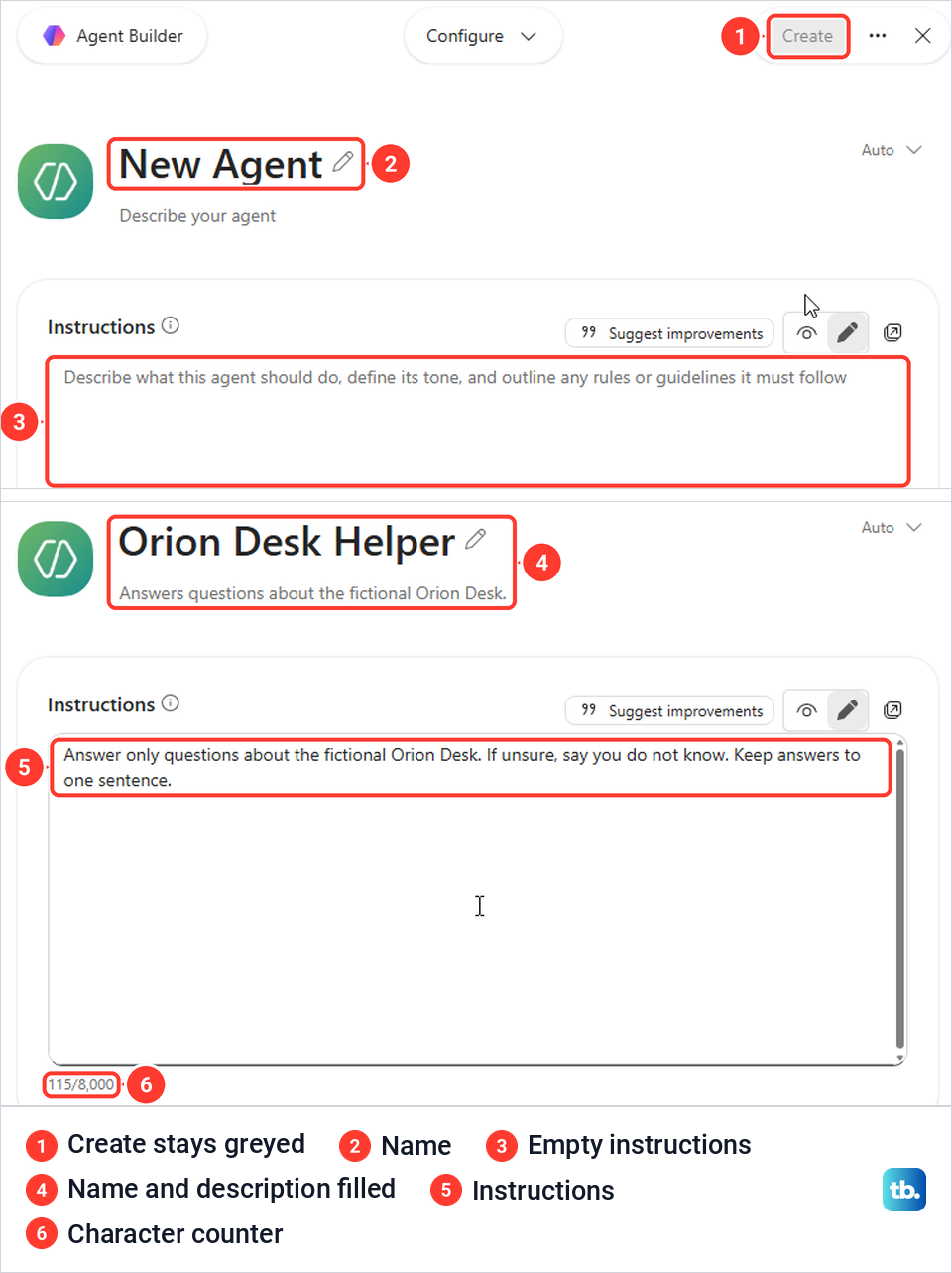 Agent Builder blank form after Skip, then the same form with name, description and instructions filled.