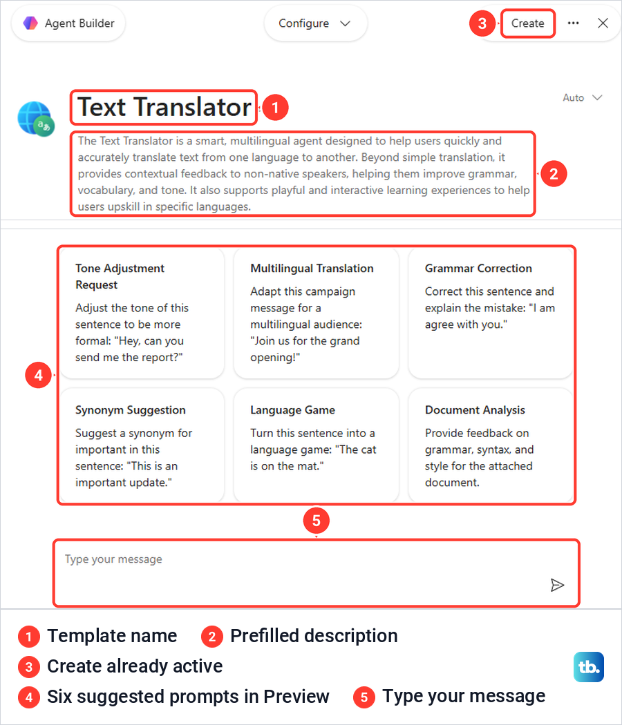 Text Translator template opened in Agent Builder with prefilled description and six suggested prompts.