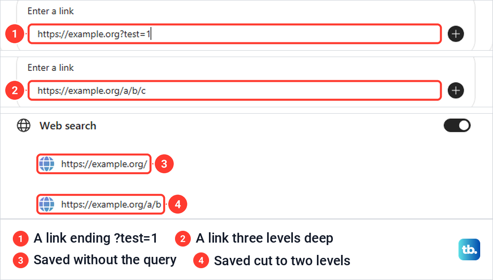 Agent Builder Enter a link box with two example.org addresses and the shorter addresses it saved.