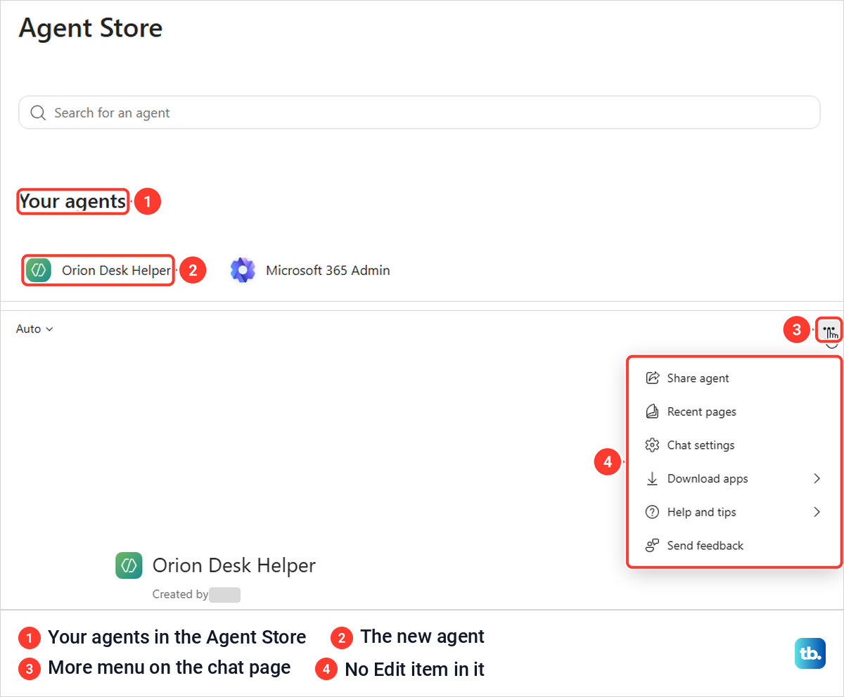 Agent Store listing Orion Desk Helper under Your agents, and the agent's chat page More menu.