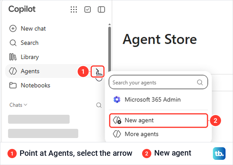 Microsoft 365 Copilot left pane with the Agents menu open and New agent highlighted.
