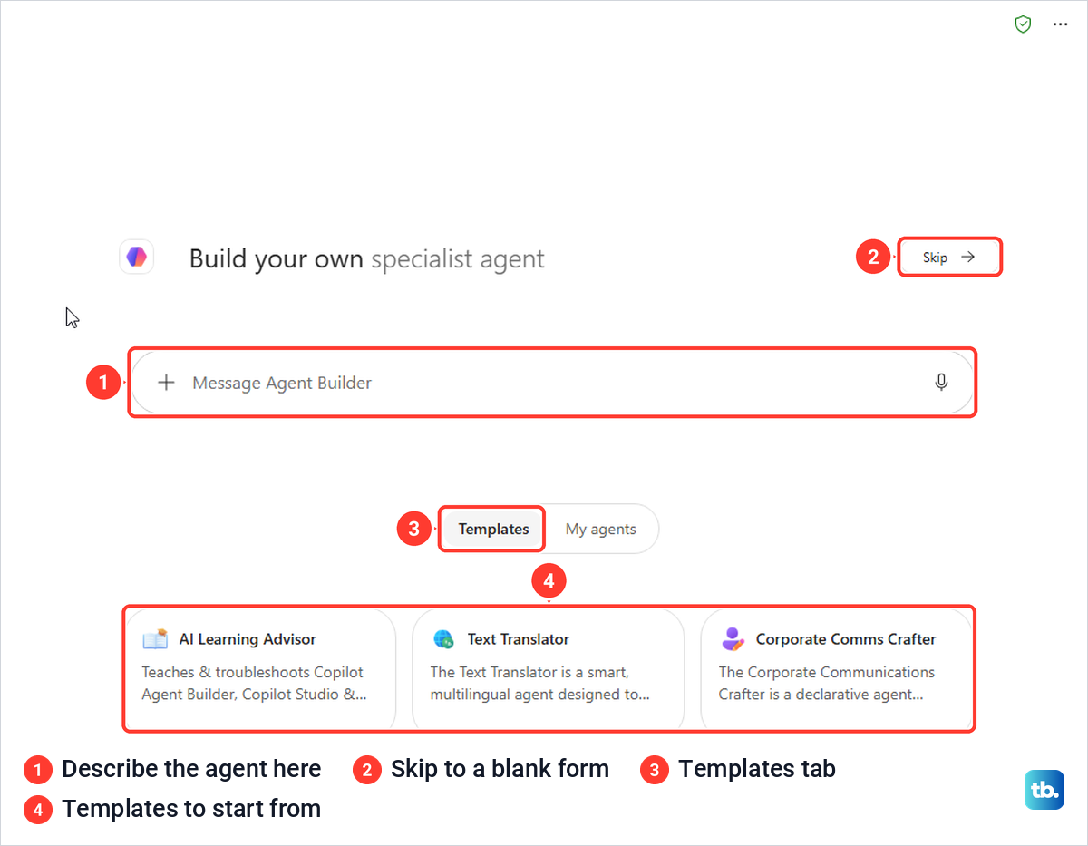 Microsoft 365 Copilot New agent page with the Message Agent Builder box, Skip button and template cards.