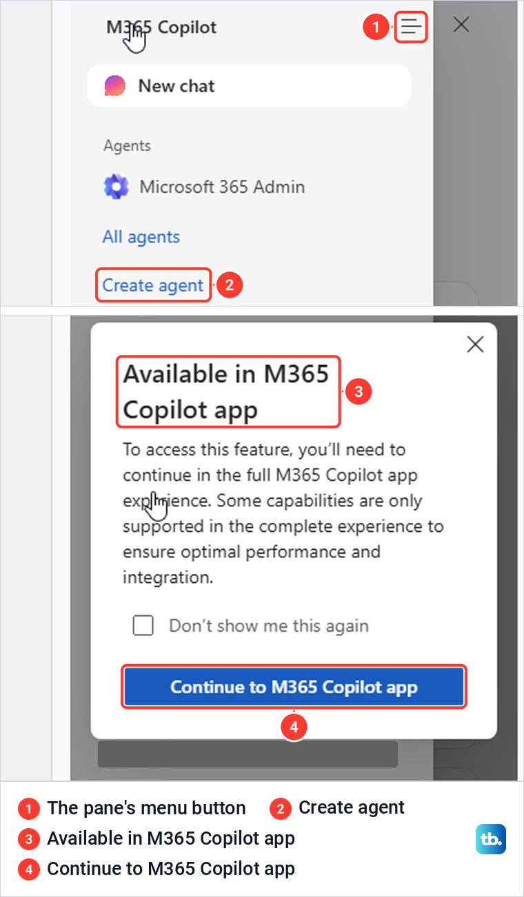 Word Copilot pane menu with Create agent, then the Available in M365 Copilot app card.