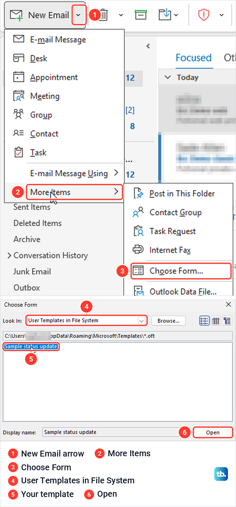 Classic Outlook New Email menu with More Items and Choose Form, then the Choose Form dialog.