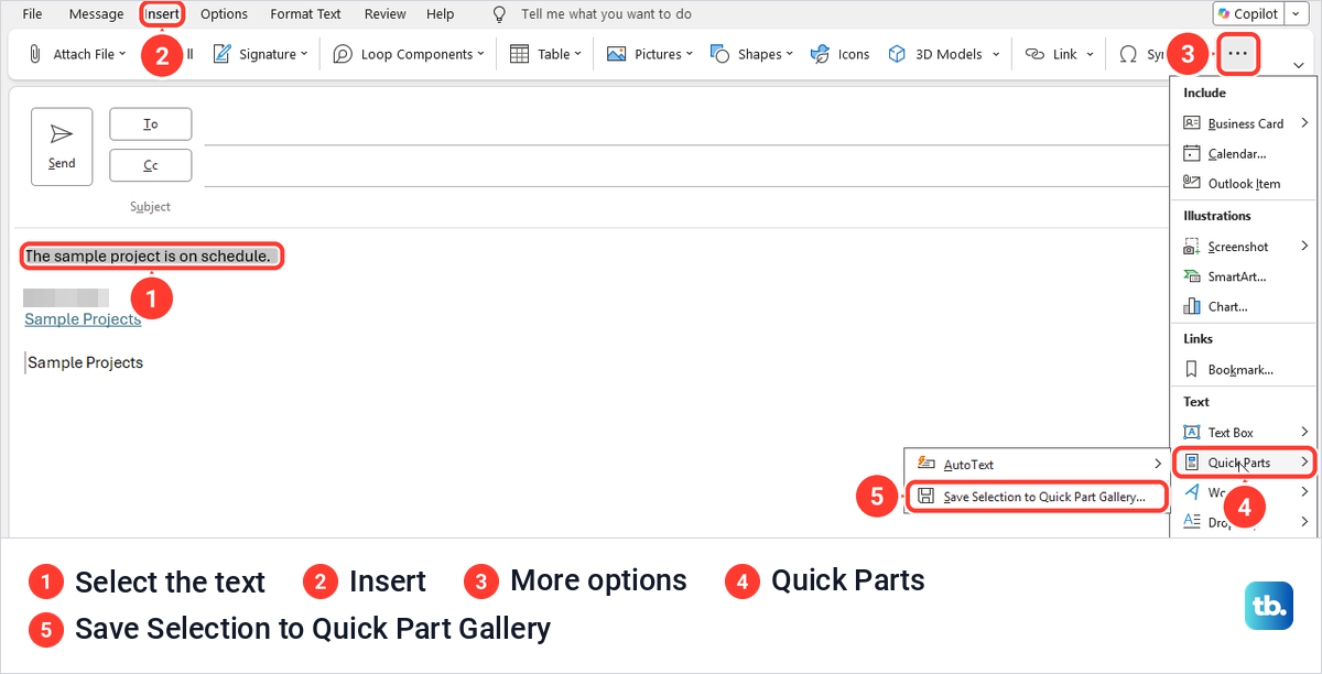 Classic Outlook Insert tab More options menu open at Quick Parts and Save Selection.