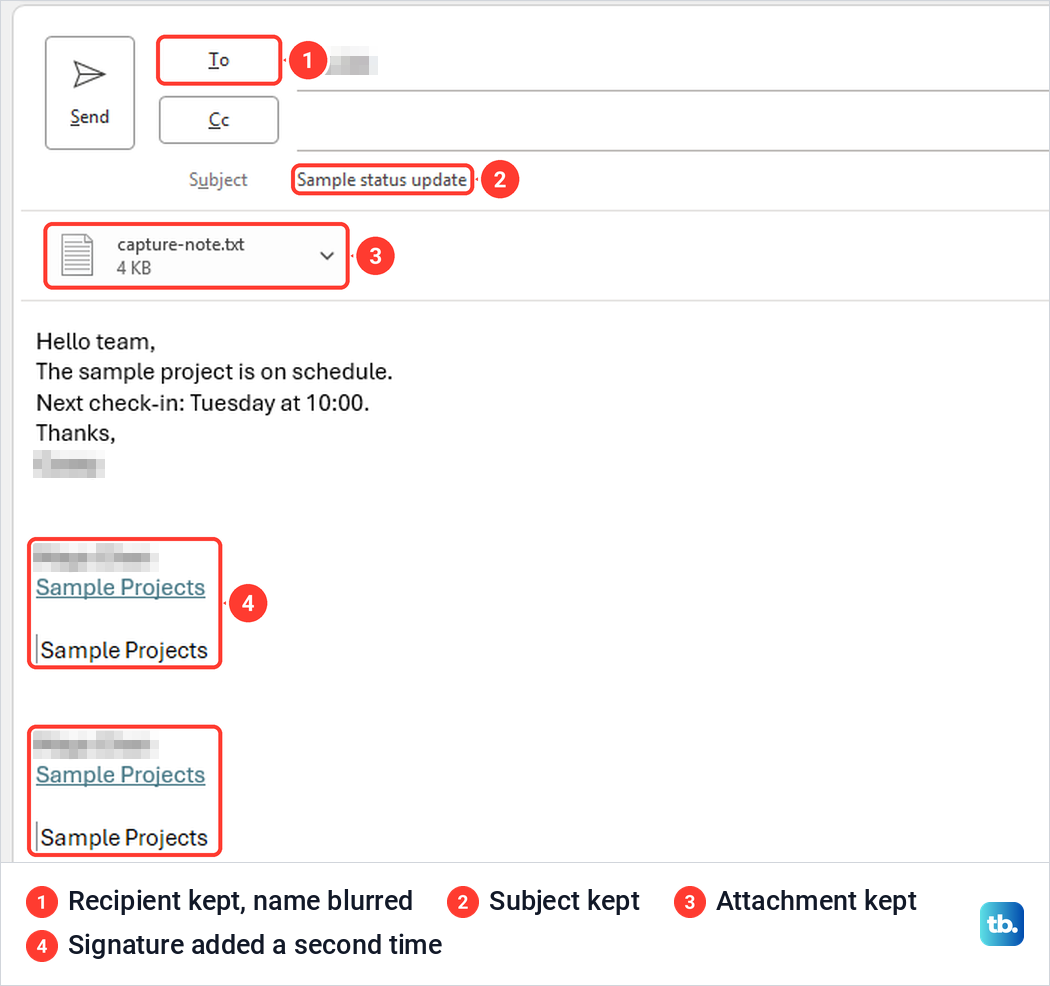 Outlook message opened from a template with recipient, subject, attachment and two signatures.