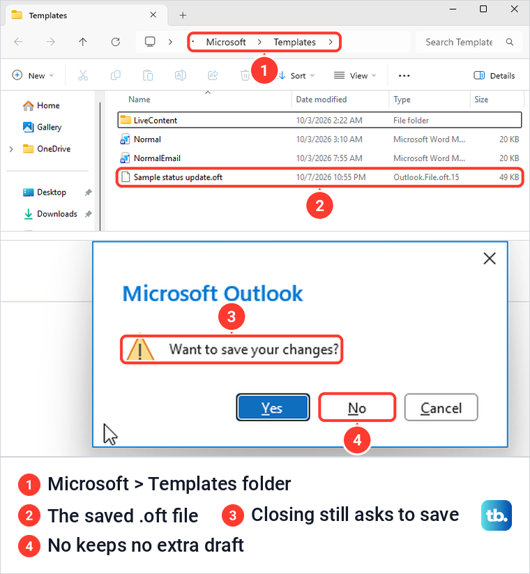 File Explorer showing a saved .oft template, then Outlook asking whether to save changes.