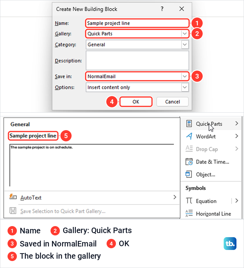 Outlook Create New Building Block dialog, then the saved block in the Quick Parts gallery.
