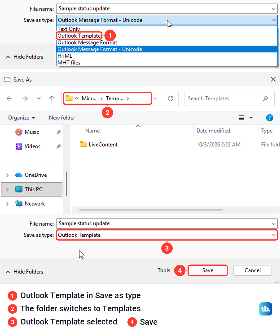Classic Outlook Save As dialog with Outlook Template chosen in the Save as type list.