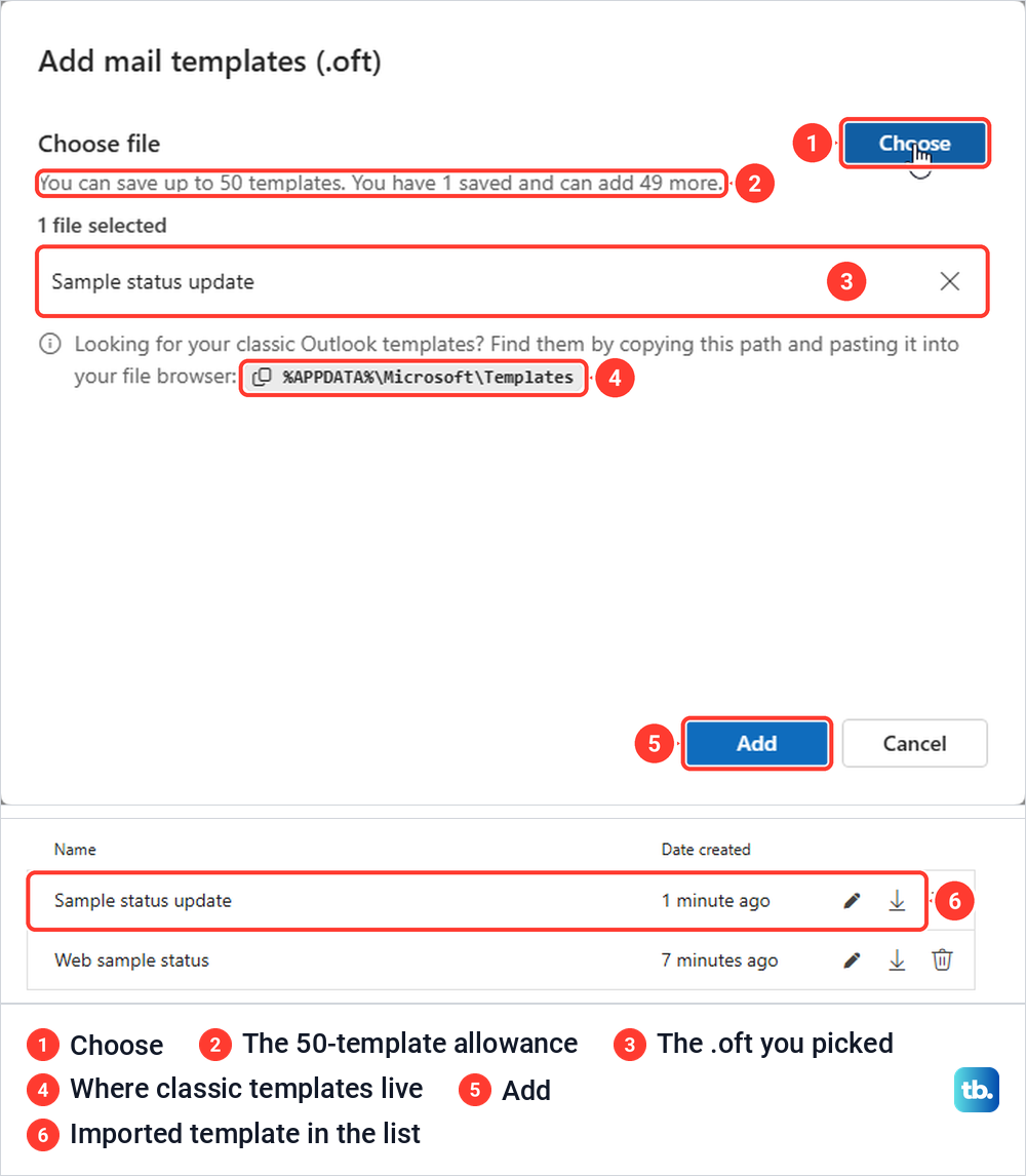 Outlook on the web Add mail templates dialog with a classic .oft file chosen for import.