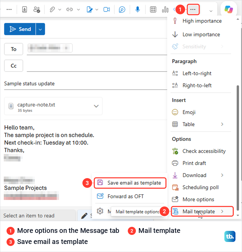 Outlook on the web More options menu open at Mail template and Save email as template.
