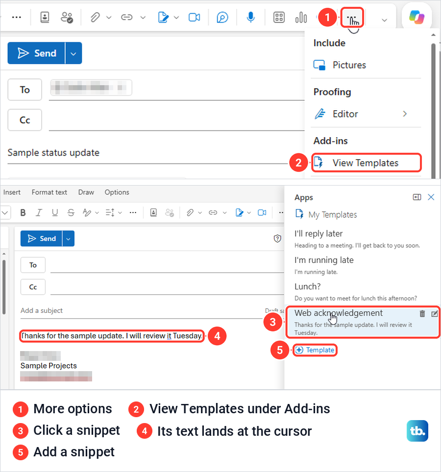 Outlook on the web View Templates under Add-ins, then a My Templates snippet inserted.