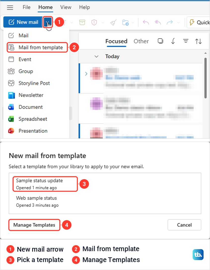 Outlook on the web New mail menu with Mail from template, then the template picker box.