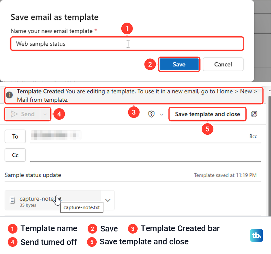 Outlook on the web template name box, then the Template Created bar with Send greyed out.