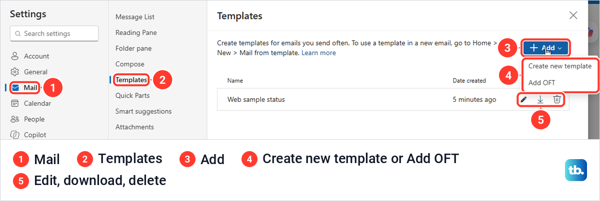 Outlook on the web Settings open at Mail and Templates with the Add menu showing.