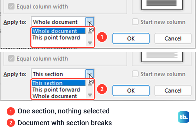 Two Word Apply to lists, one for a single-section page and one for a page with section breaks.