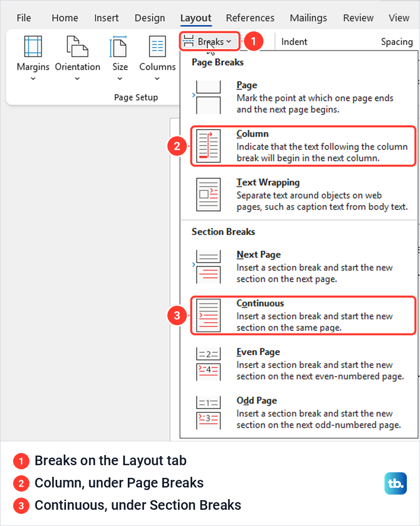 Word Layout tab Breaks menu with Column under Page Breaks and Continuous under Section Breaks.