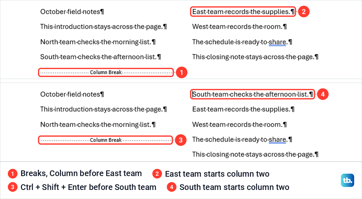 Two Word pages where a Column Break moves East team, then South team, to column two.