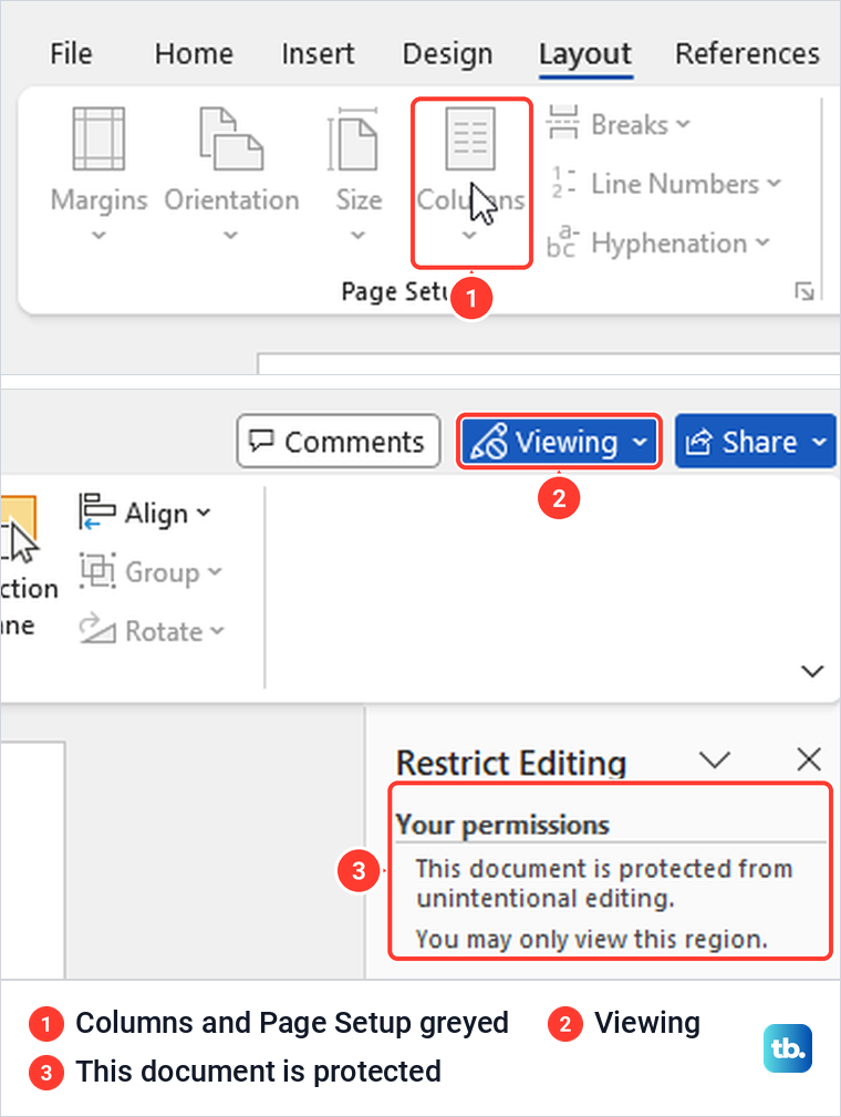 Word Layout tab with Columns greyed out while Restrict Editing protects the document.