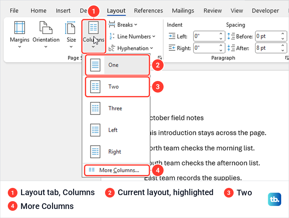Word Layout tab with the Columns menu open, showing One, Two, Three, Left, Right and More Columns.