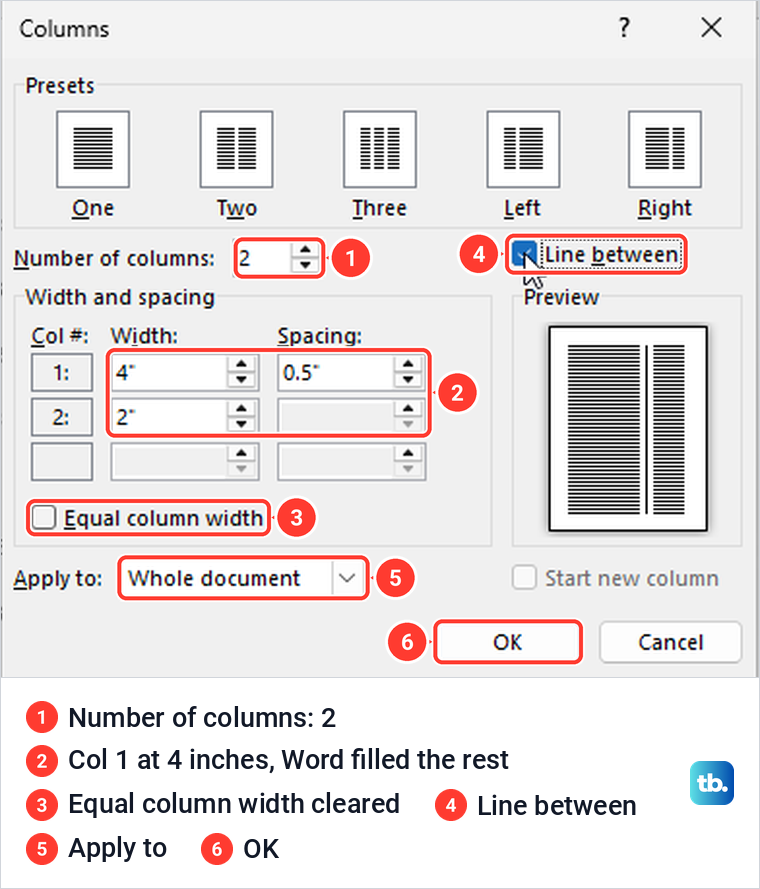 Word Columns dialog set to two unequal columns with Line between ticked before OK.