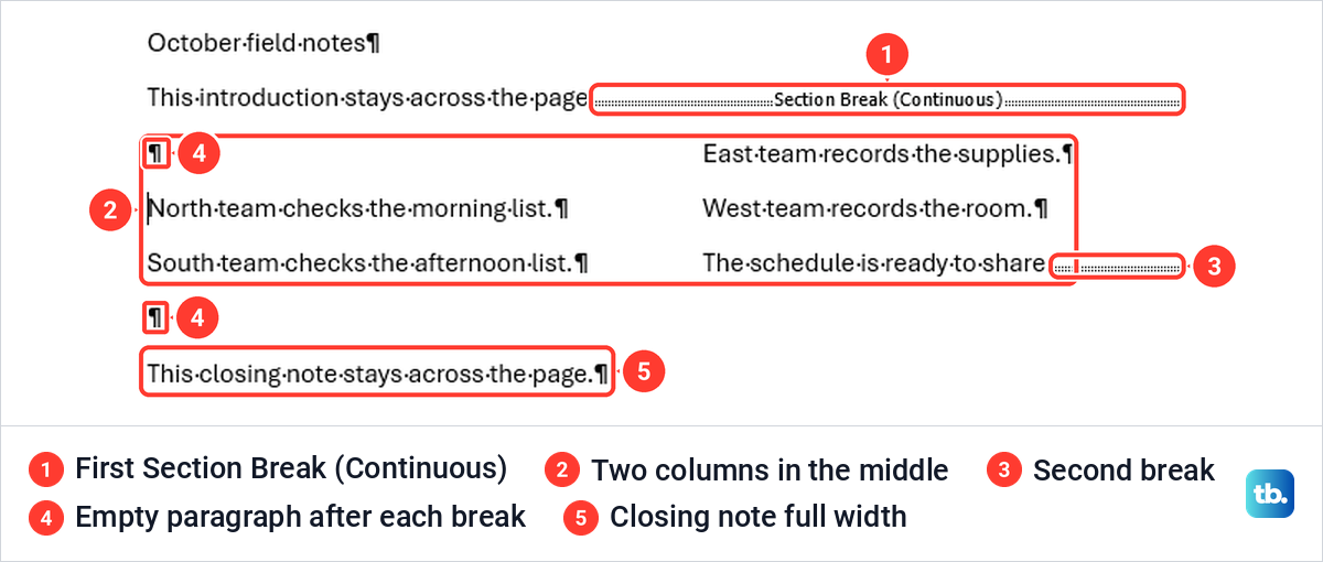 Word page with one column at the top, two columns in the middle and one column below.