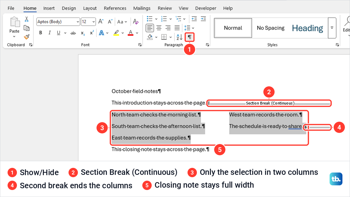 Word page with selected paragraphs in two columns and Section Break (Continuous) marks around them.