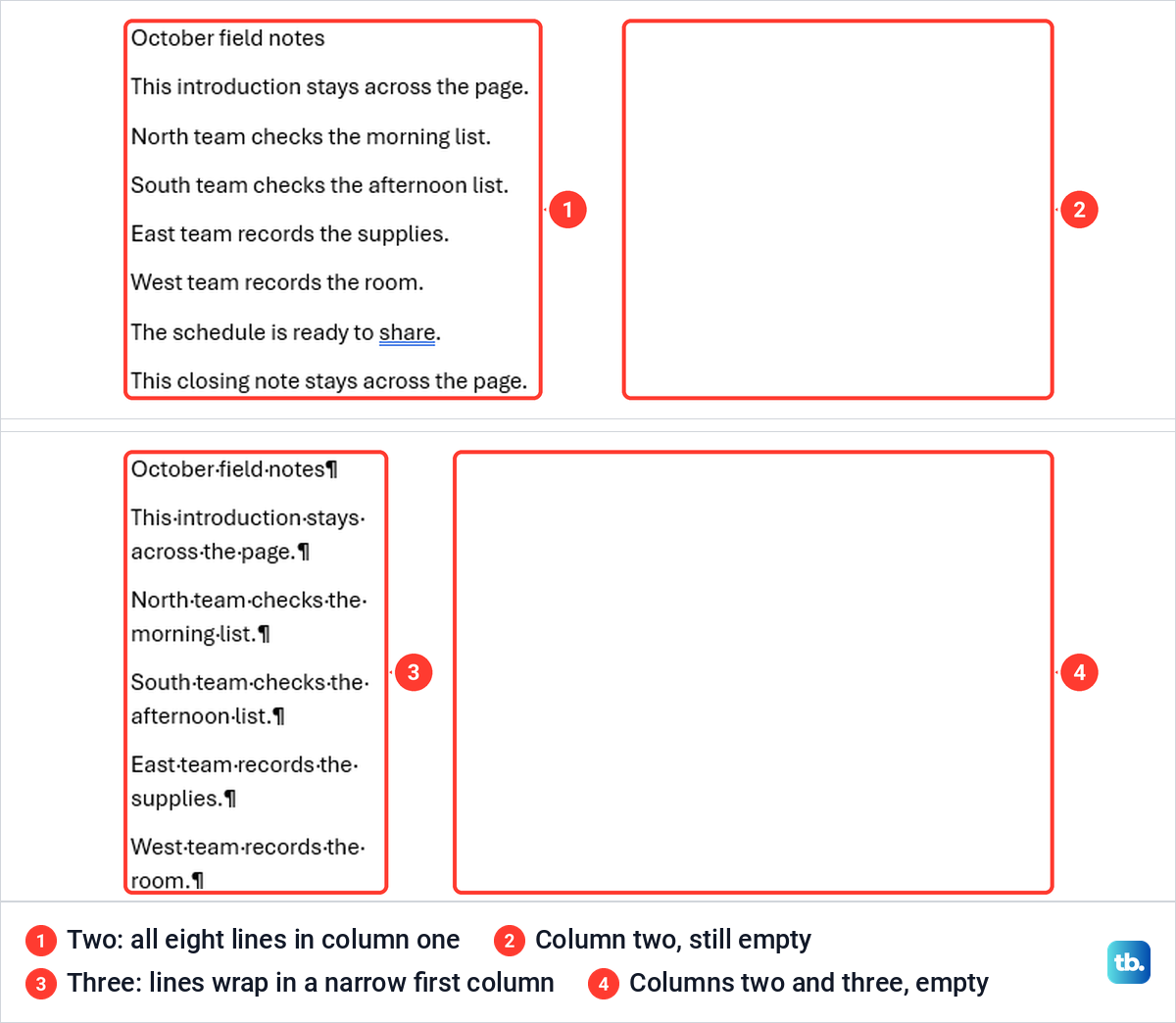 Two Word pages after choosing Two and Three columns, with all the text still in the first column.