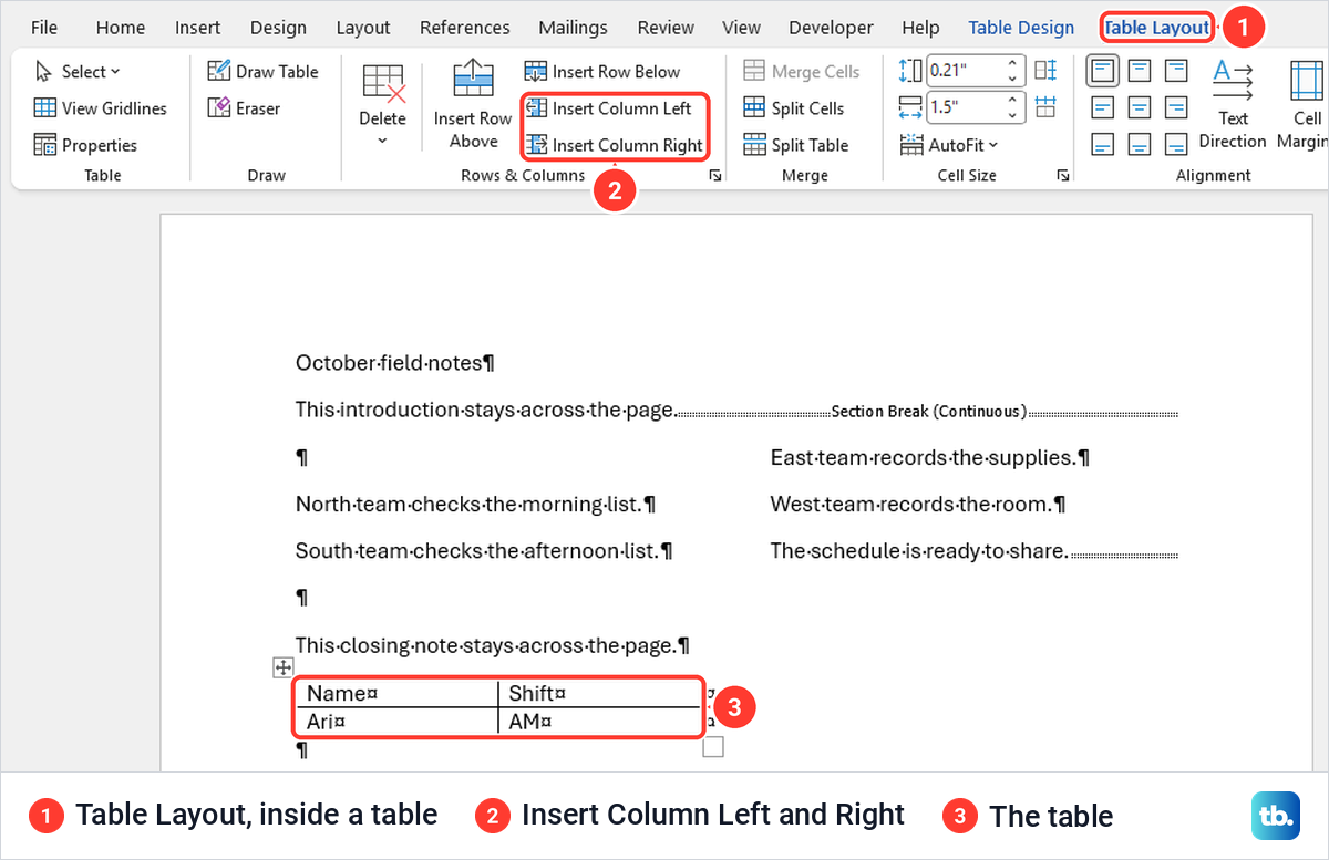 Word Table Layout tab with Insert Column Left and Insert Column Right above a small table.