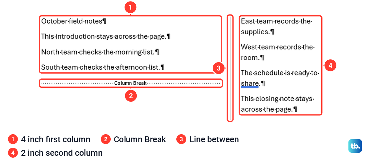 Word page with a wide first column, a Column Break mark, a divider line and a narrow second column.