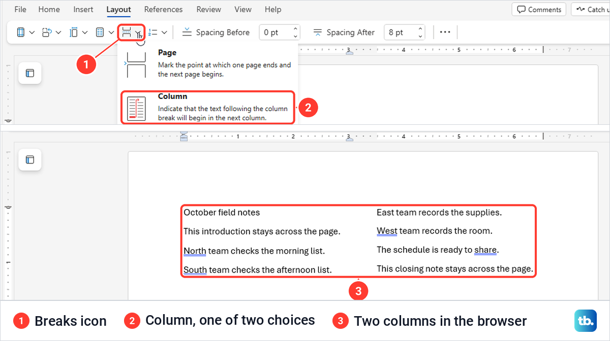 Word for the web Breaks menu with Page and Column, then a page in two columns.