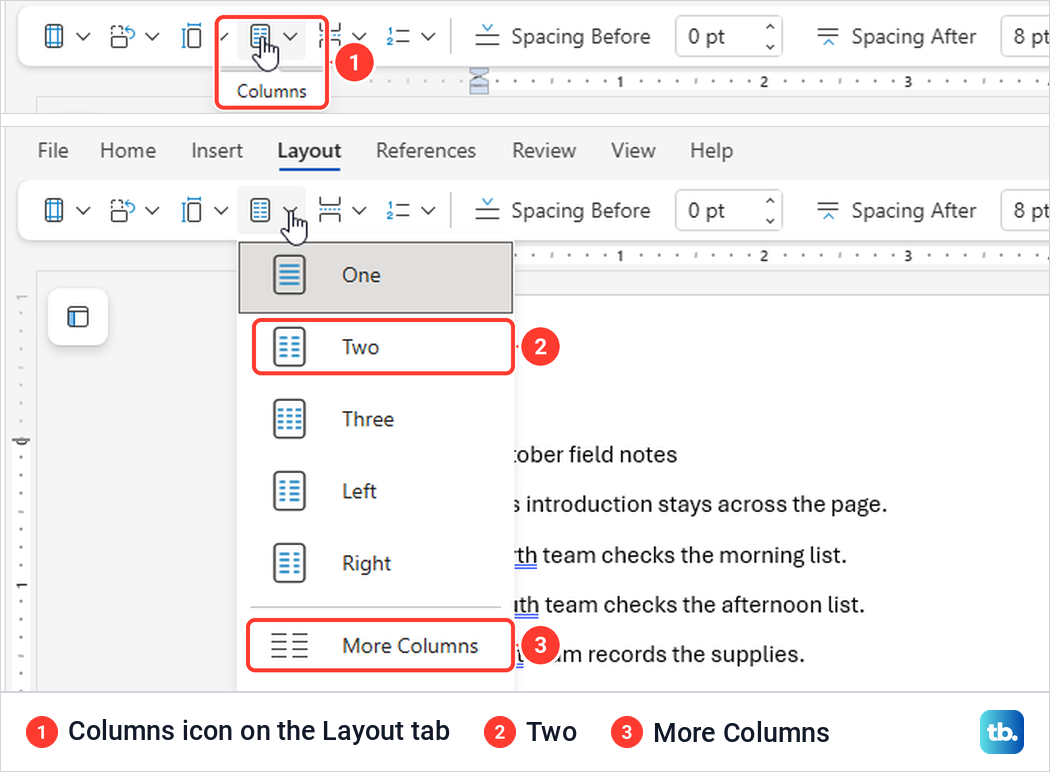 Word for the web Layout tab with the Columns tooltip and the Columns menu open.