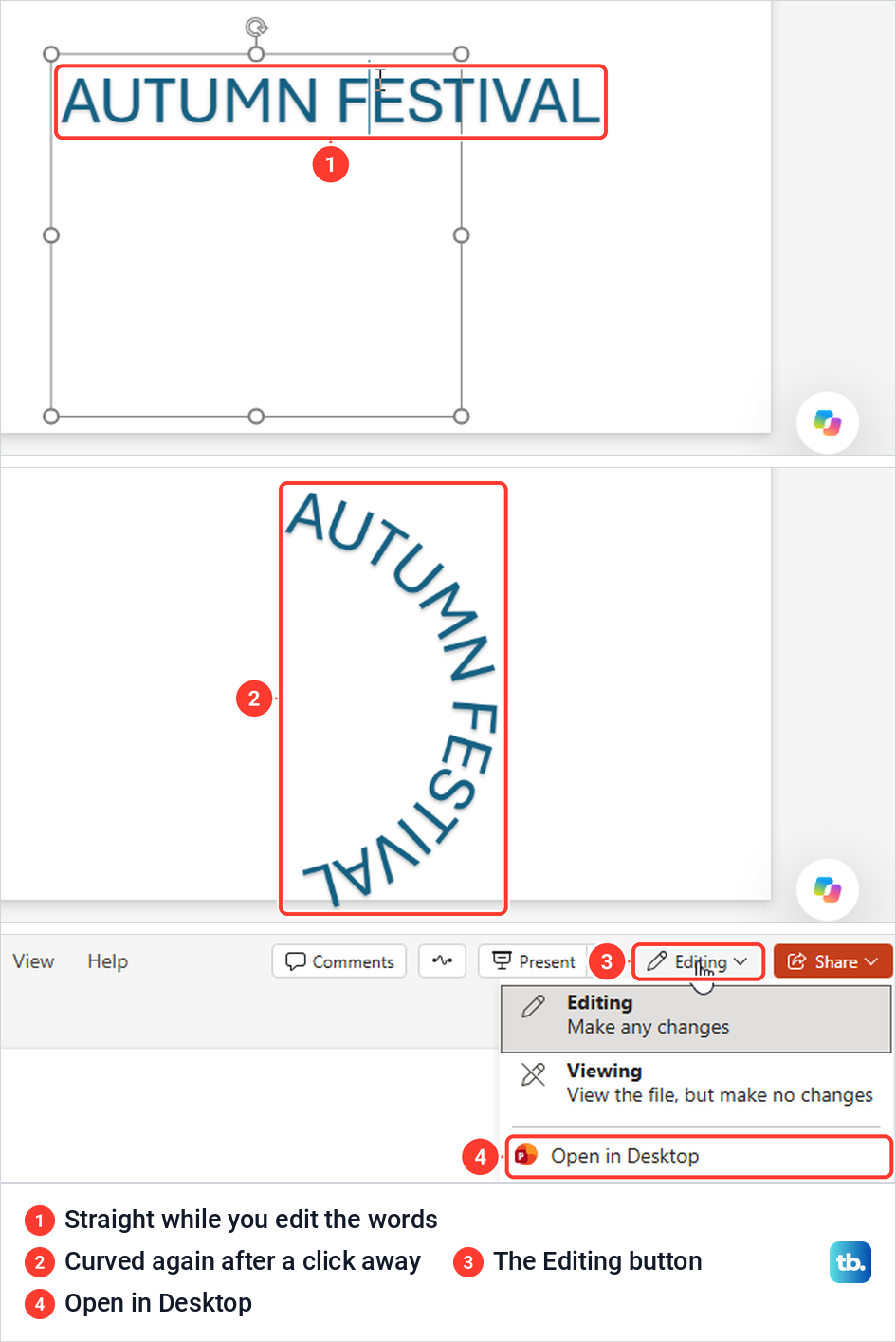 Curved WordArt in PowerPoint for the web, straight while editing, curved again, and the Editing menu.
