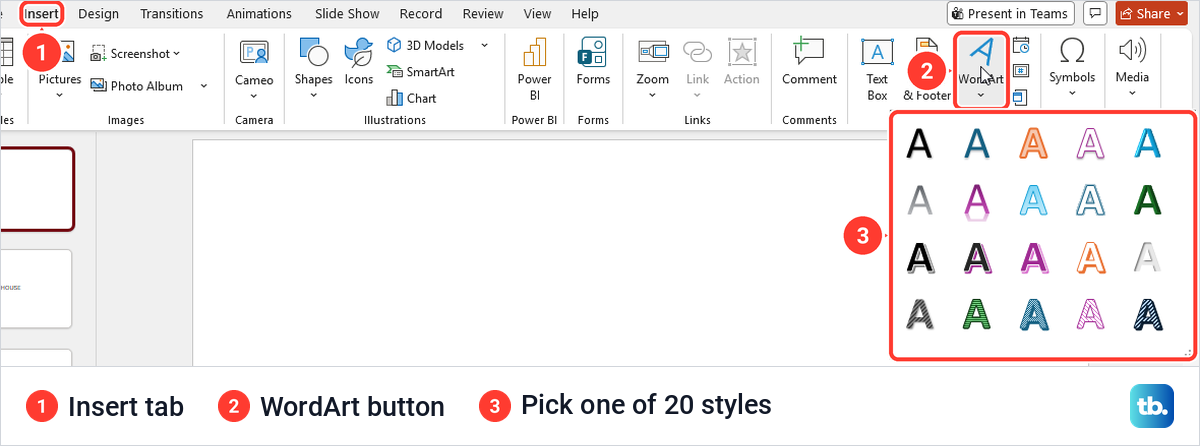 PowerPoint Insert tab with the WordArt button open and its gallery of 20 styles.
