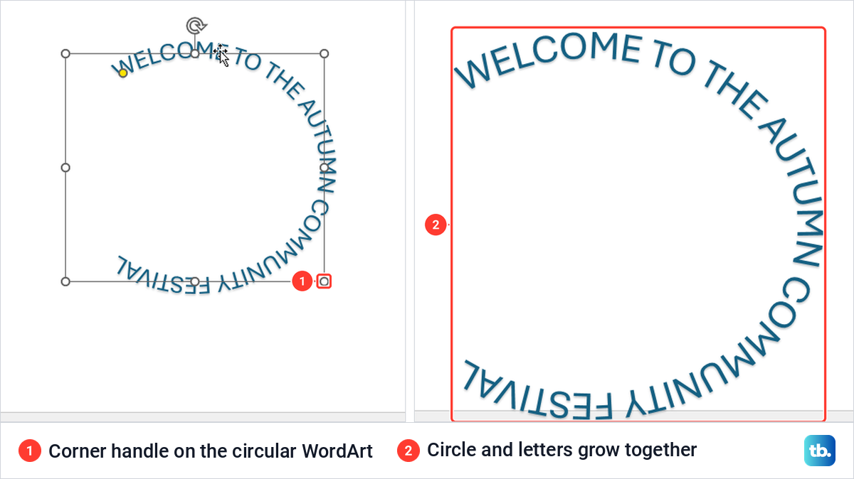 A longer line of WordArt around a circle in PowerPoint, before and after enlarging it.